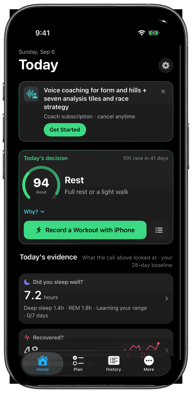 iPhone home — today’s call is rest (full rest or an easy walk)