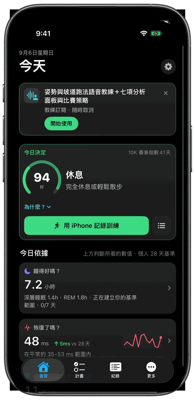 iPhone 首頁 — 今天的判斷是休息(完全休息或輕鬆散步)