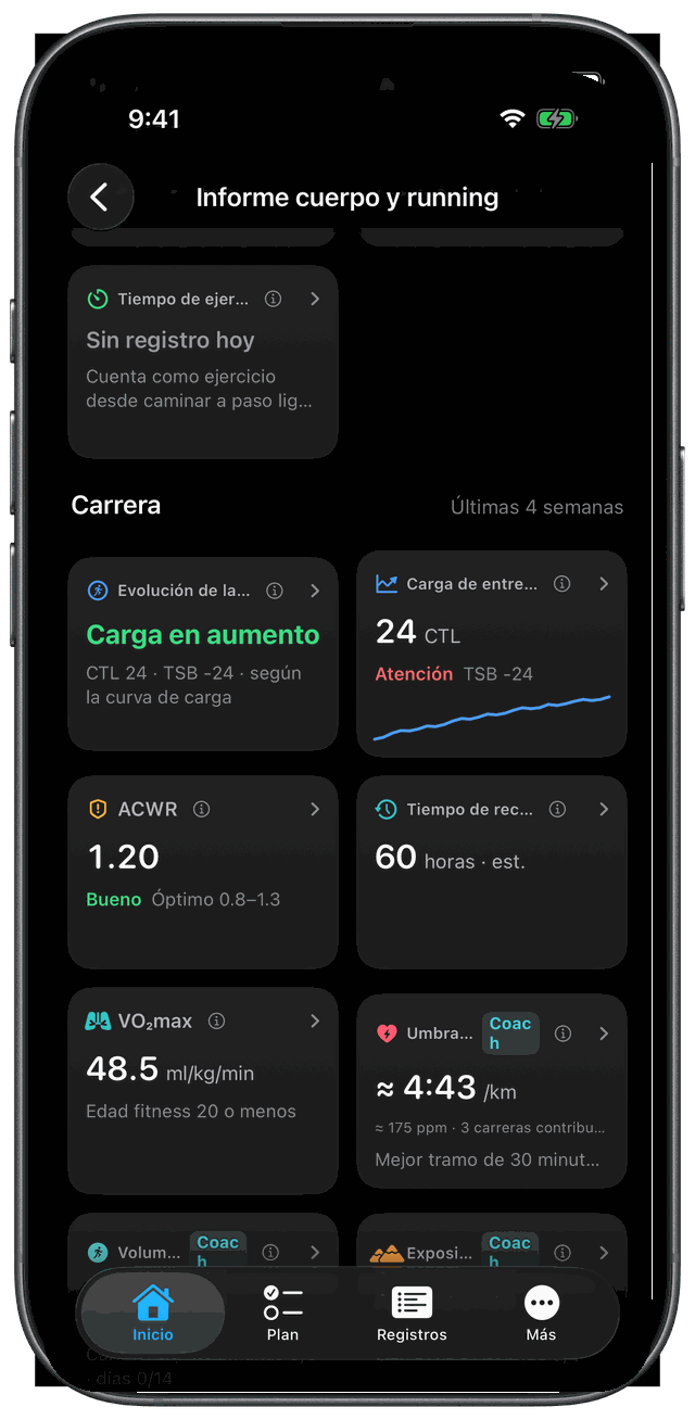 Informe de cuerpo y carrera en iPhone: paneles de evolución de la carga de entrenamiento, carga de entrenamiento, umbral de lactato (est.), volumen de entrenamiento de resistencia y exposición a cuestas