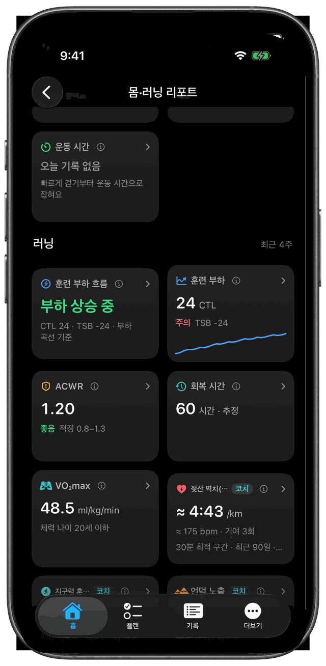 iPhone 몸·러닝 리포트 — 훈련 부하 흐름·훈련 부하·젖산 역치(추정)·지구력 훈련량·언덕 노출 타일