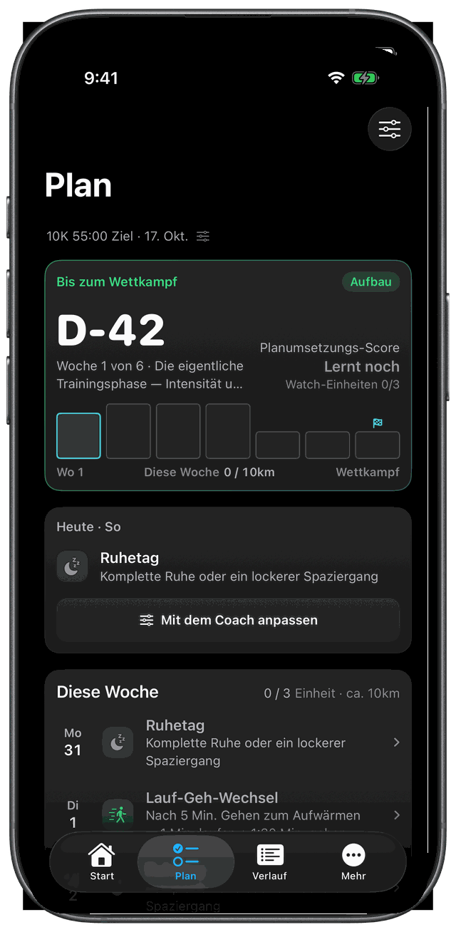 iPhone-Bildschirm mit Wochen-Trainingsplan