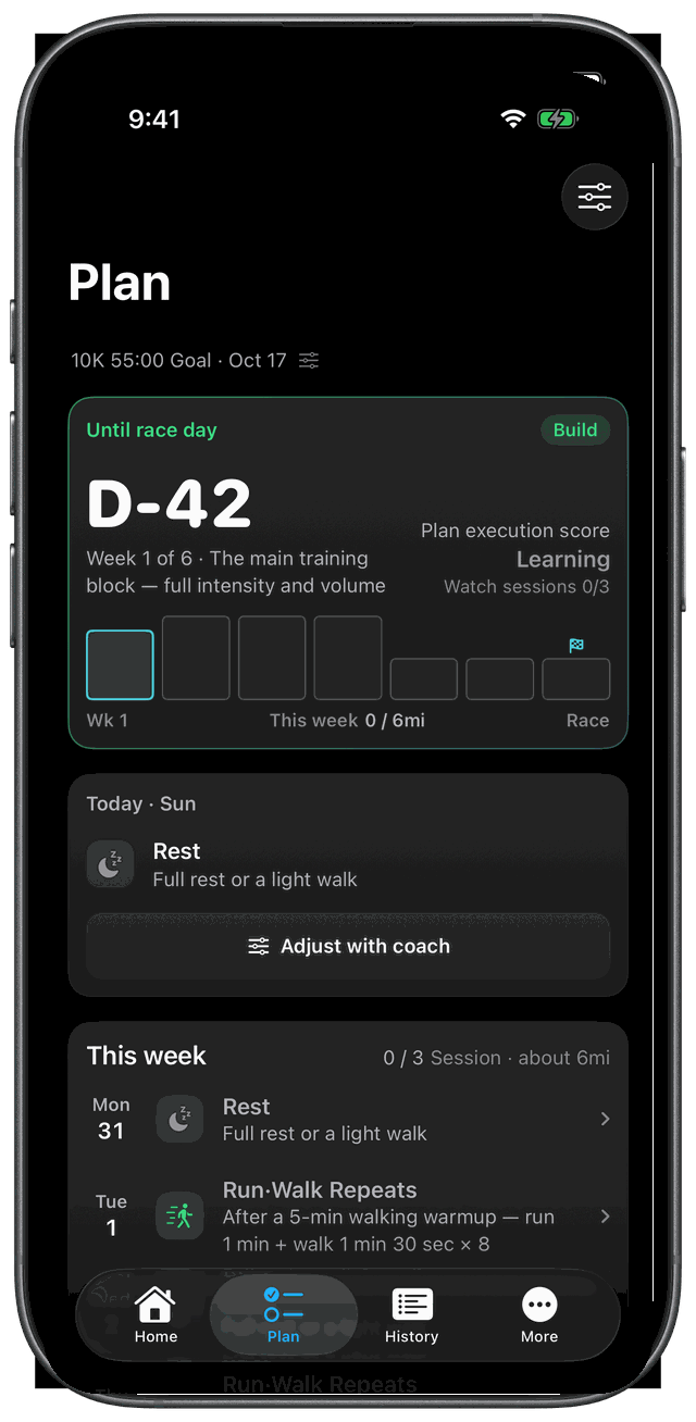 iPhone weekly training plan screen