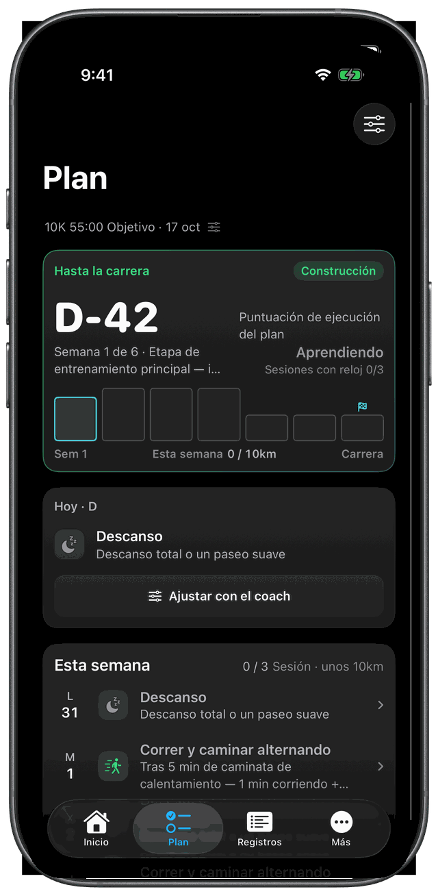 Pantalla del plan de entrenamiento semanal en el iPhone