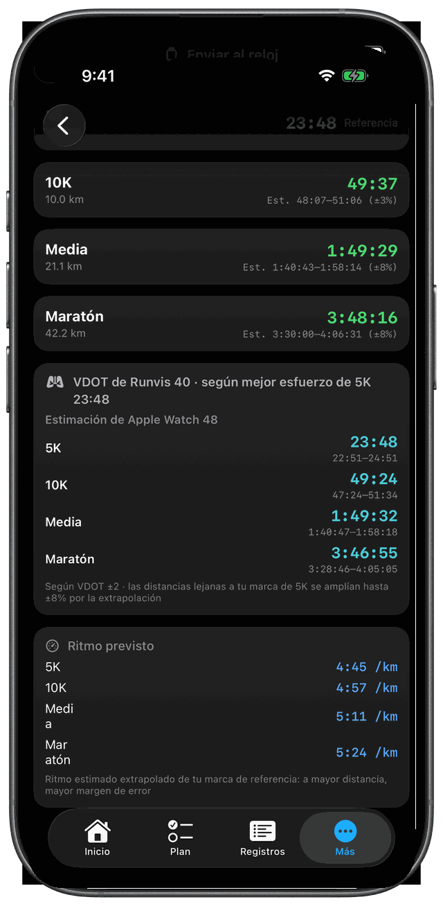 Pantalla de predicción de carrera en el iPhone
