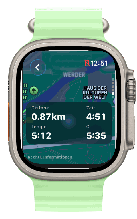 Apple Watch Ultra — Runvis Live-GPS-Karte im Lauf mit Distanz, Zeit und Tempo