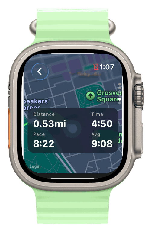 Apple Watch Ultra — Runvis live GPS map mid-run with distance, time and pace