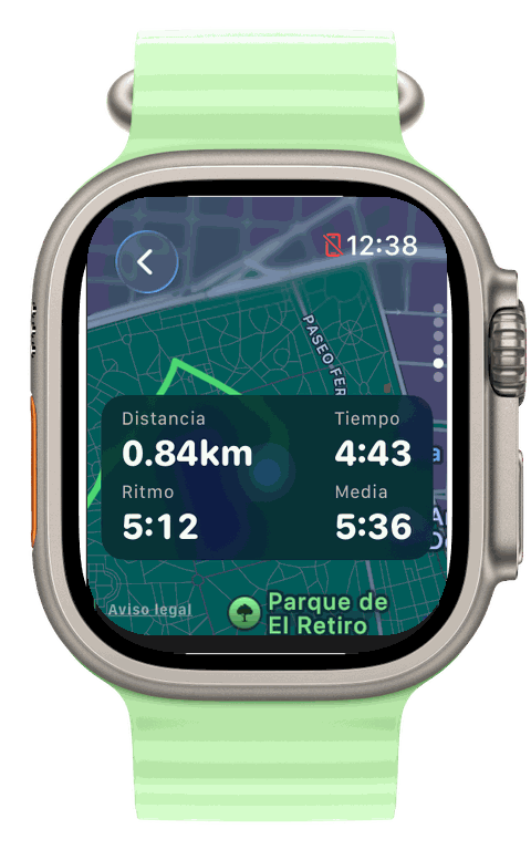 Apple Watch Ultra — mapa GPS en directo de Runvis con distancia, tiempo y ritmo