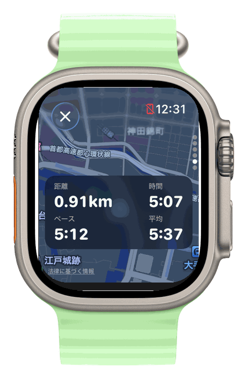 Apple Watch Ultra — Runvis ラン中のリアルタイムGPS地図と距離・時間・ペース