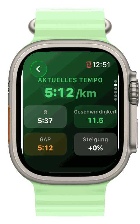 Apple Watch Ultra — Runvis Tempo im Lauf mit Schnitt, Geschwindigkeit, GAP und Steigung