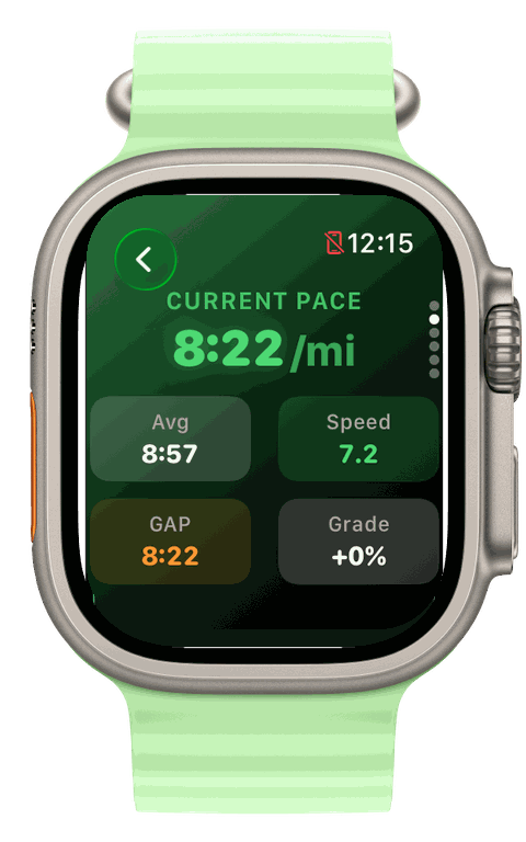 Apple Watch Ultra — Runvis mid-run pace with average, speed, GAP and grade