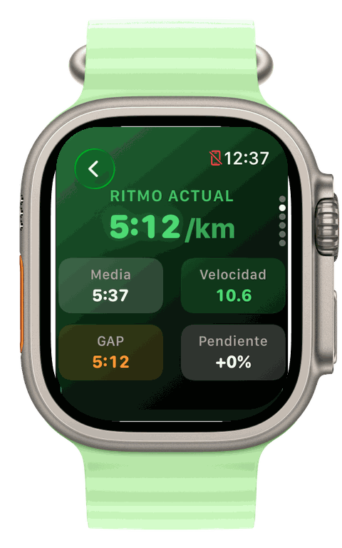 Apple Watch Ultra — ritmo actual en Runvis con media, velocidad, GAP y pendiente