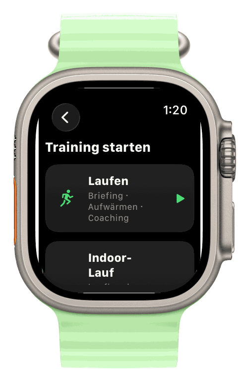 Apple Watch Ultra — Runvis Trainingsauswahl: Laufen und Indoor-Laufen