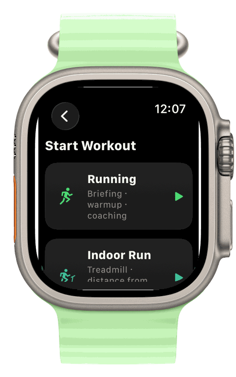 Apple Watch Ultra — Runvis workout picker: running and indoor running