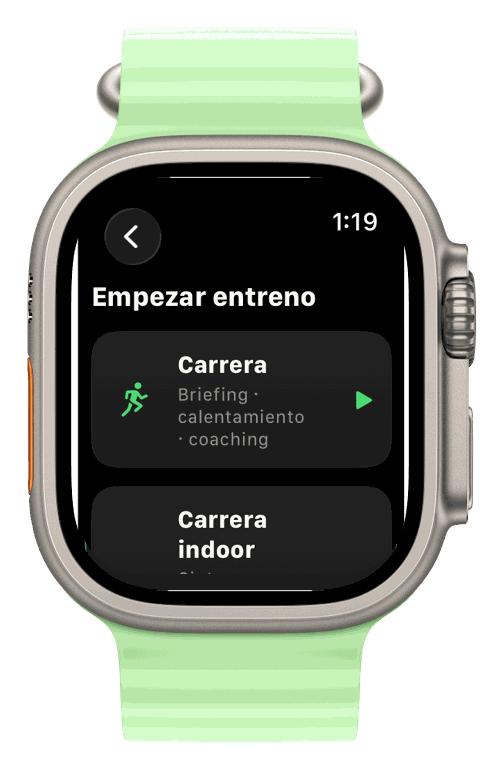 Apple Watch Ultra — selector de entrenamiento de Runvis: correr y correr en interior